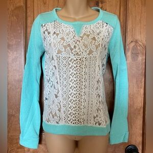 Jolt Lace Panel Crewneck Aqua Sweater in Women’s Size Small